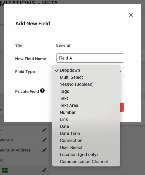 Field Types Selection UI