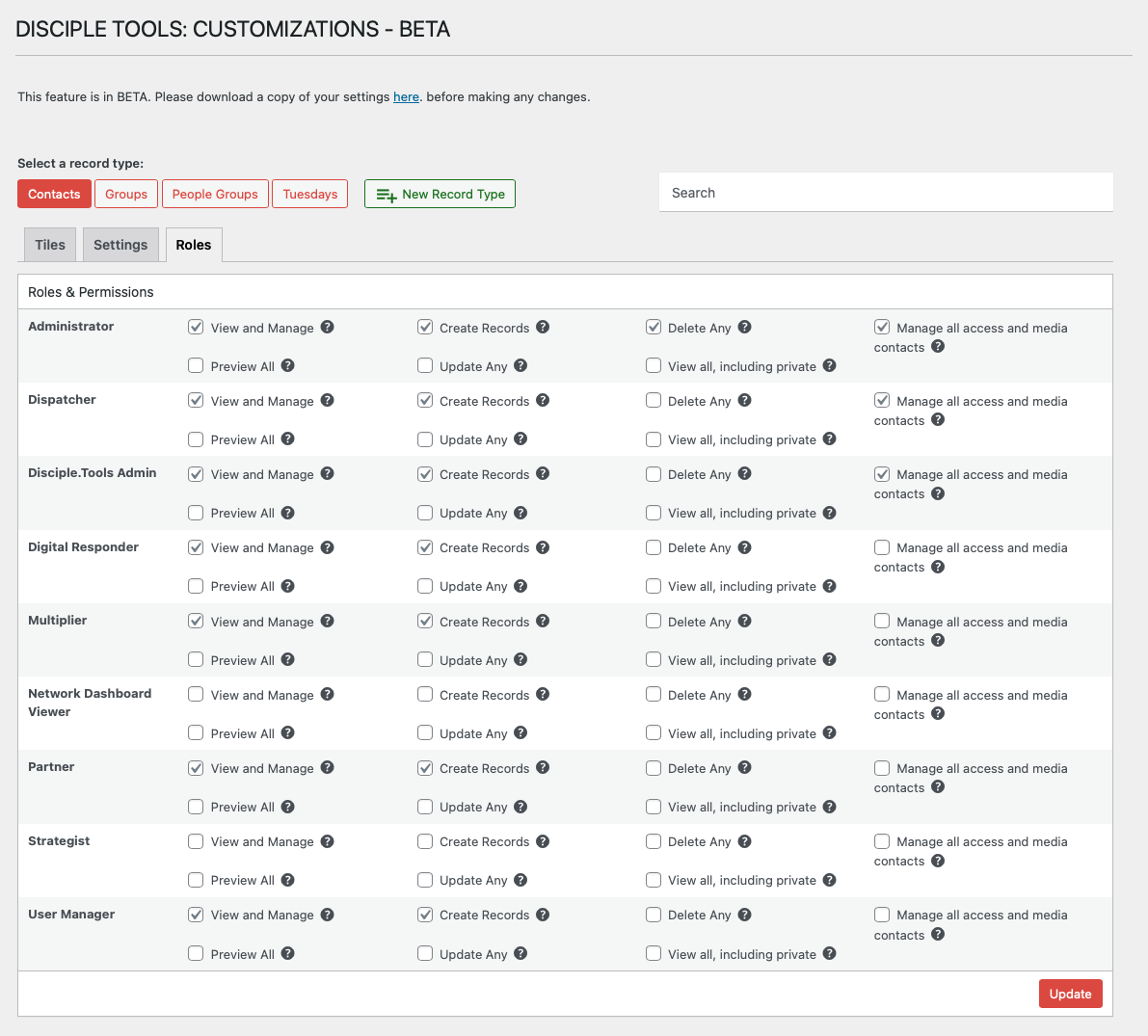 Roles and Permissions Tab