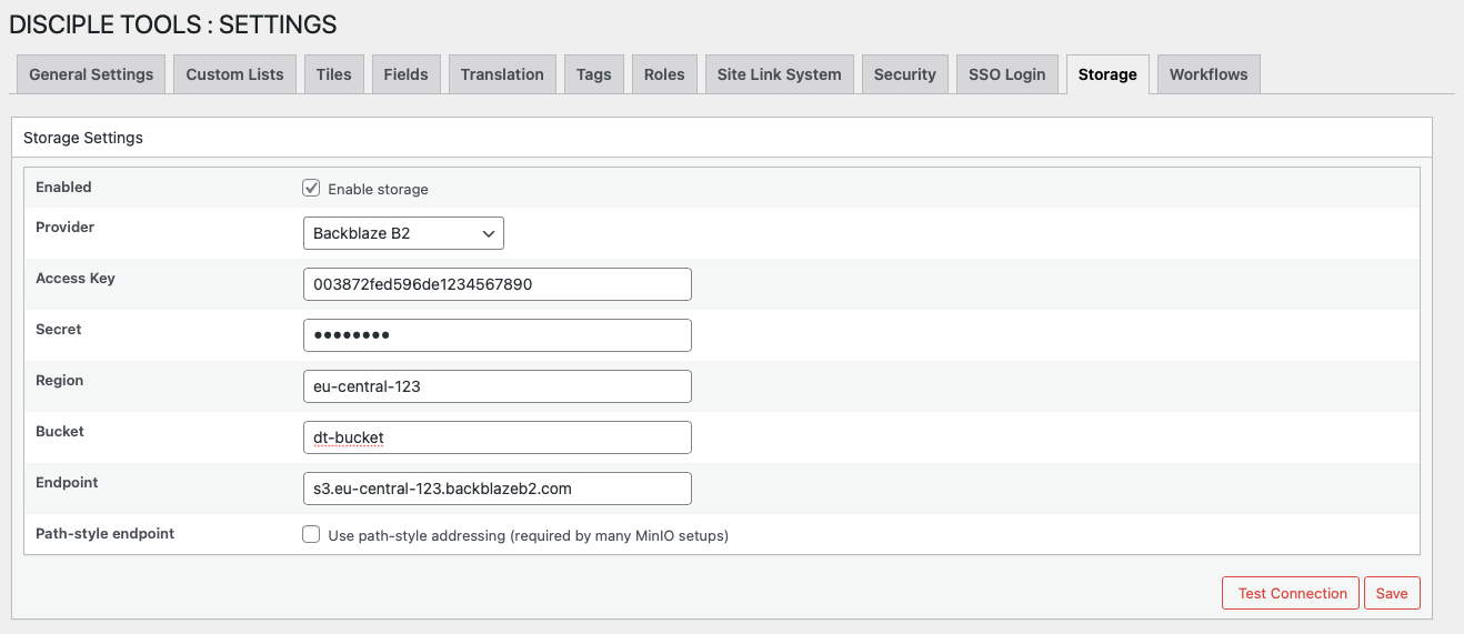 Storage Connection Fields