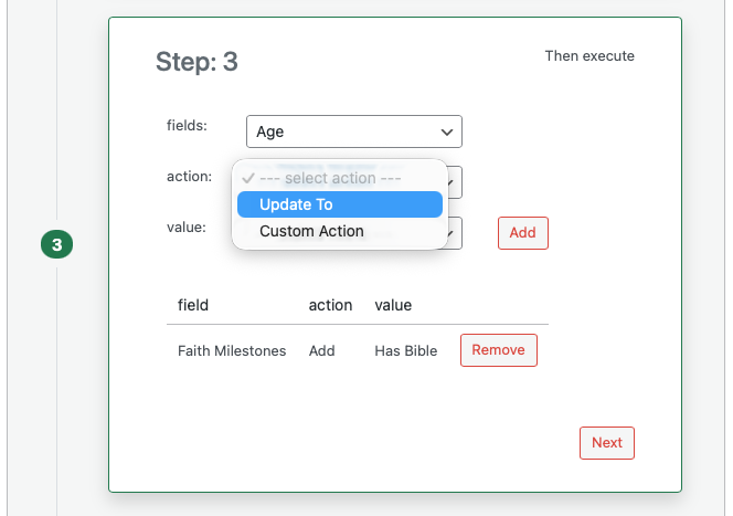 Actions table in workflow design