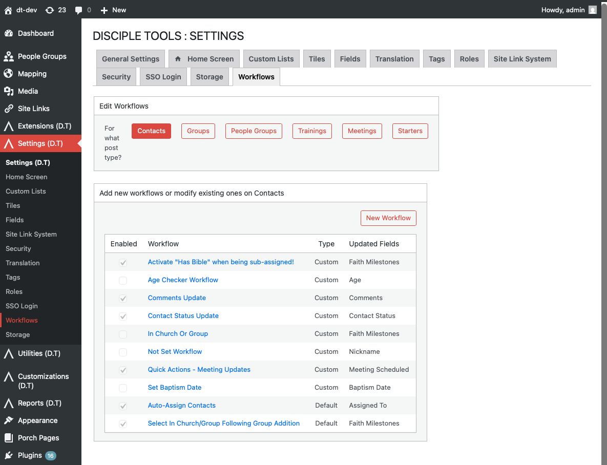Workflows tab on Settings page